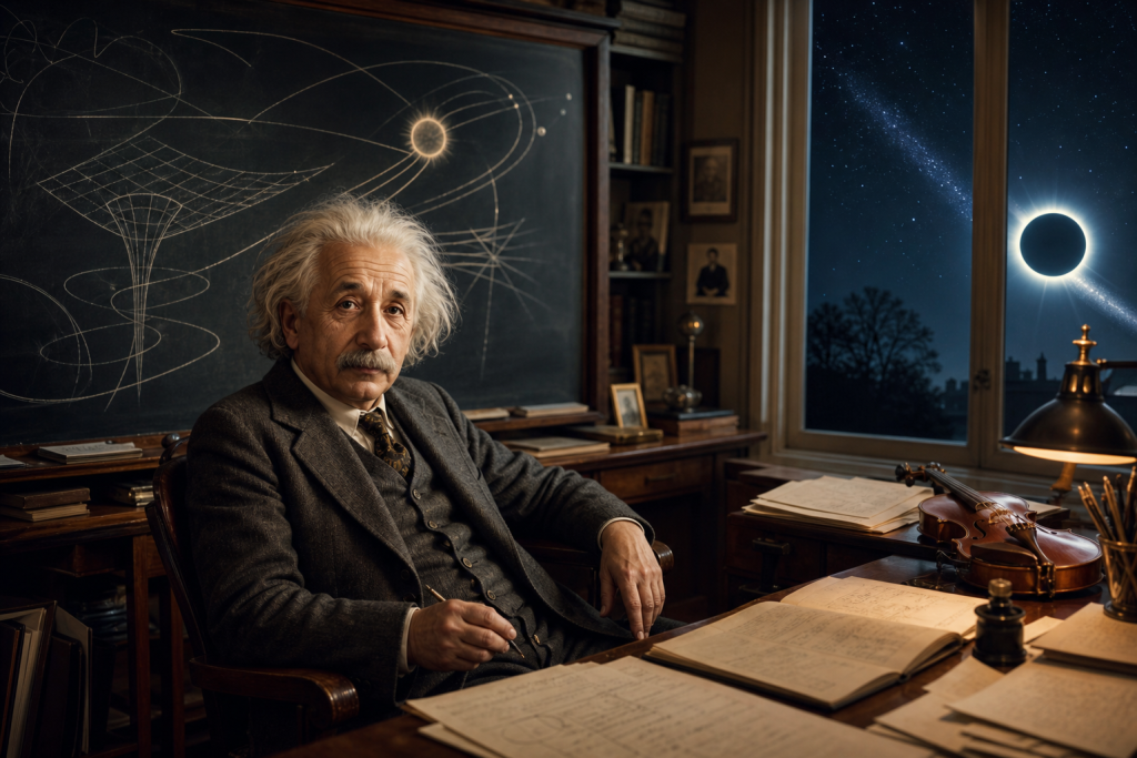 Unveiling the Genius: The Real-Life Story of Albert Einstein 3 Albert Einstein seated at a desk in a study, with physics diagrams, musical notation, a violin, and a solar eclipse visible