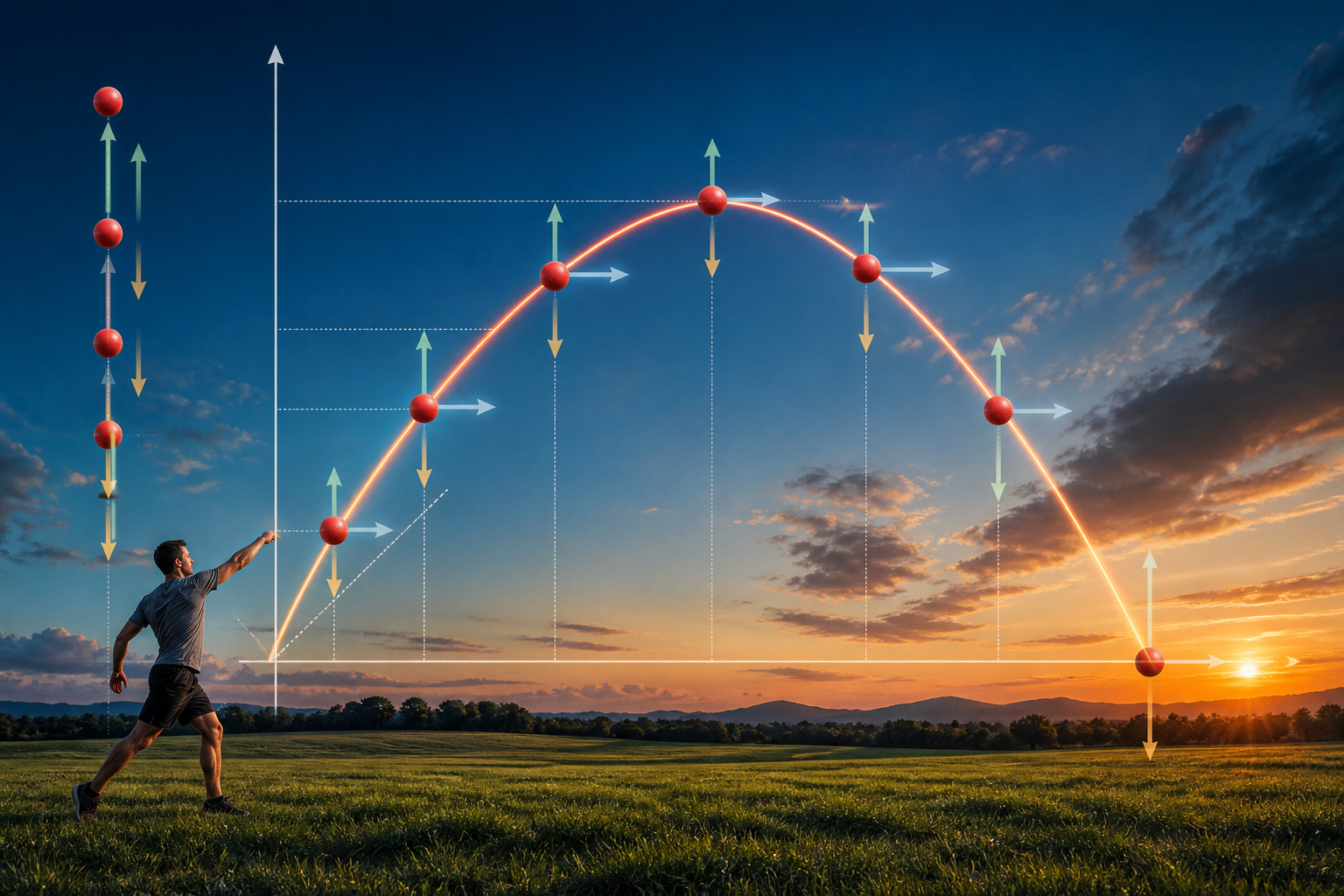 Ball’s parabolic trajectory from launch to landing, with horizontal and vertical velocity components shown at multiple points