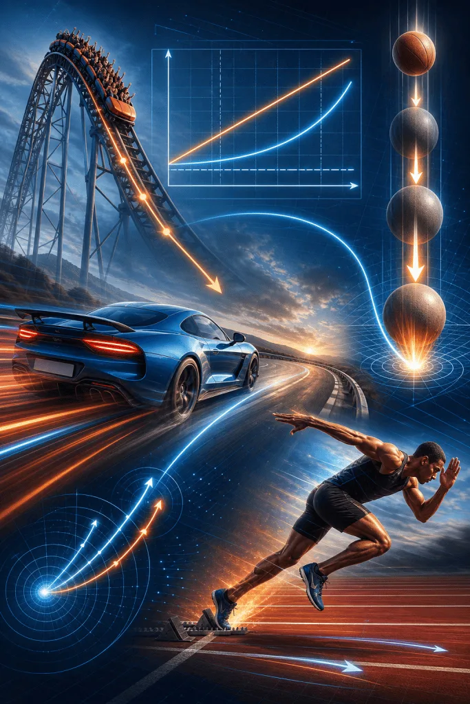 Illustration of acceleration and motion, combining a roller coaster, speeding car, falling balls, rising graph curves, and a sprinter