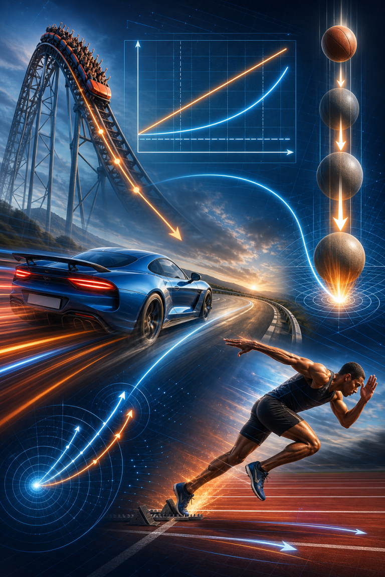 Illustration of acceleration and motion, combining a roller coaster, speeding car, falling balls, rising graph curves, and a sprinter