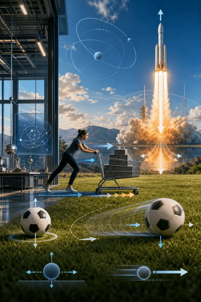 Illustration of physics concepts, including orbital motion, rocket propulsion, pushing a cart, and soccer-ball trajectories