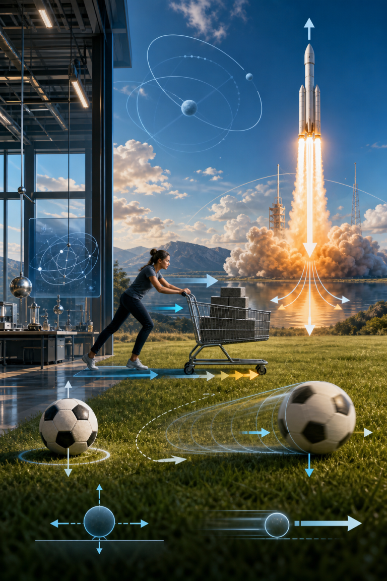 Illustration of physics concepts, including orbital motion, rocket propulsion, pushing a cart, and soccer-ball trajectories