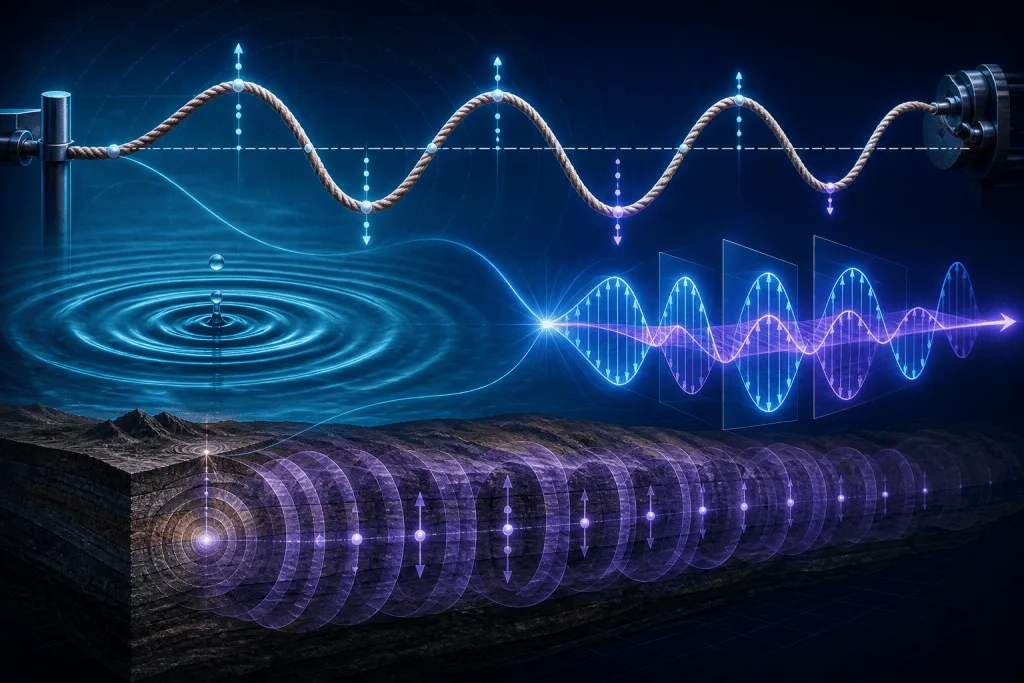 Illustration of wave propagation through a rope, water, air, and layered ground, showing transverse waves and seismic waves