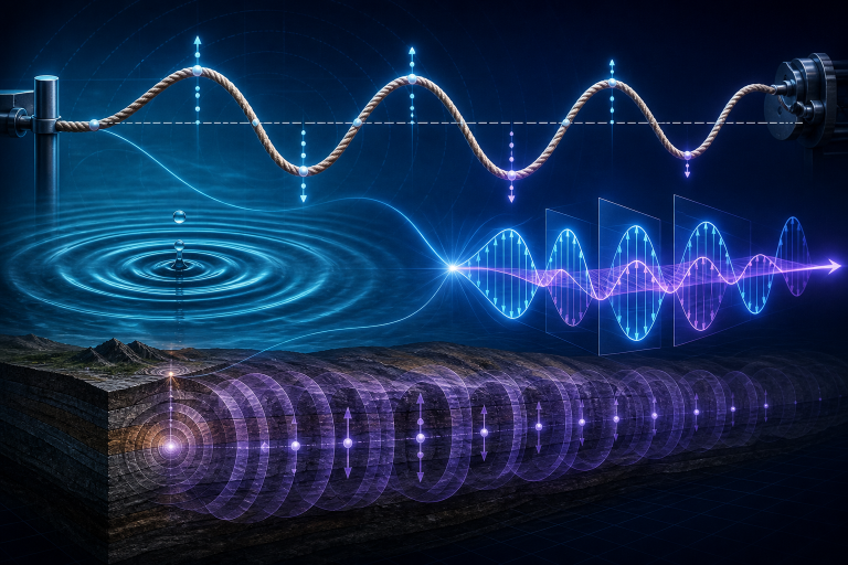Illustration of wave propagation through a rope, water, air, and layered ground, showing transverse waves and seismic waves