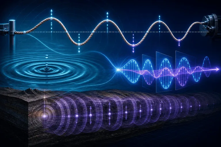 Illustration of wave propagation through a rope, water, air, and layered ground, showing transverse waves and seismic waves