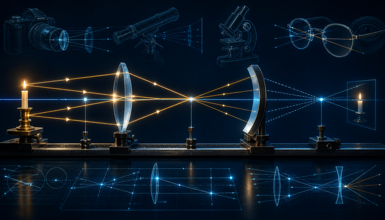 Optics diagram showing light rays traveling through lenses and a concave mirror to form an image