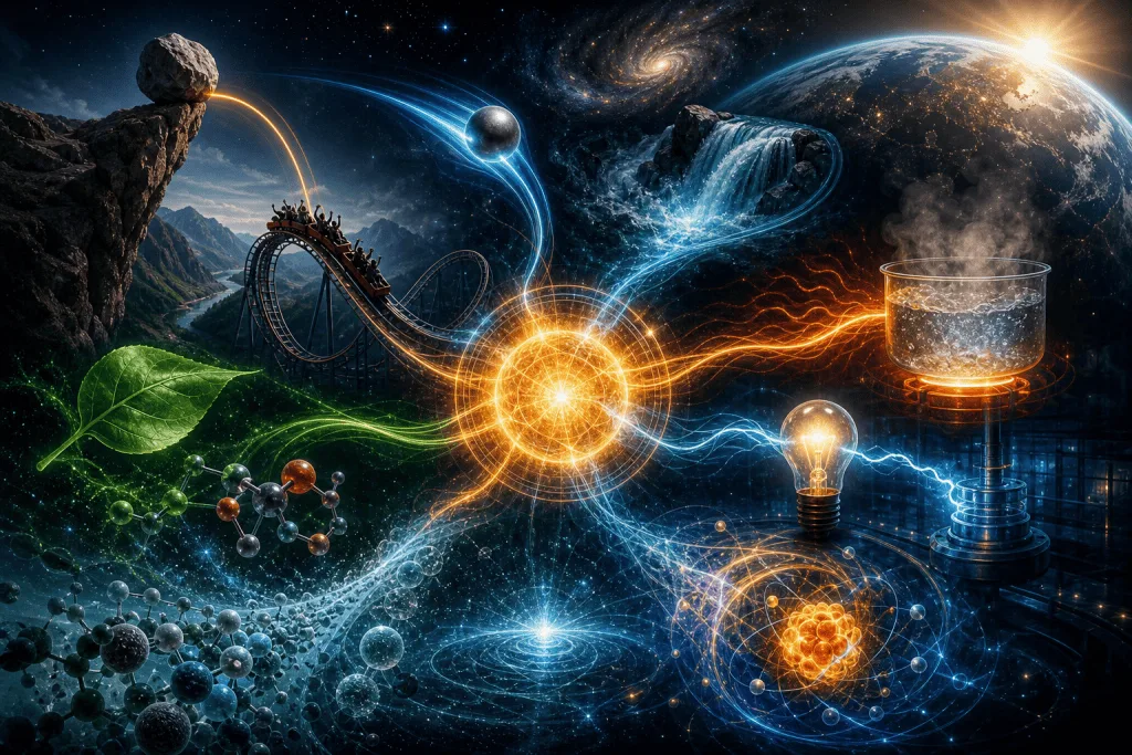 Surreal collage linking nature, physics, technology, and the cosmos through glowing energy streams