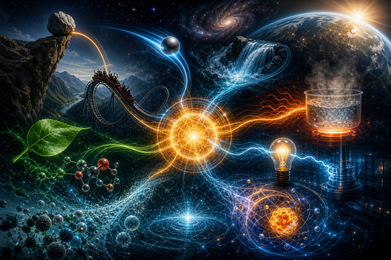 Surreal collage linking nature, physics, technology, and the cosmos through glowing energy streams