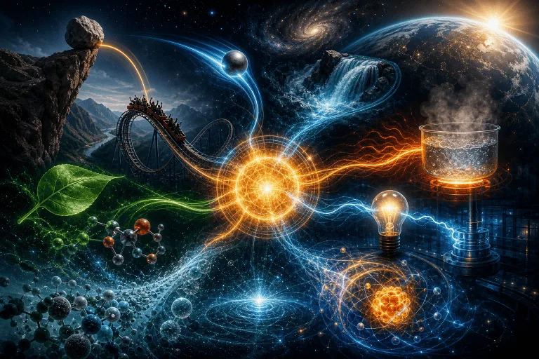 Energy in Physics: Definition, Types, Conservation Principles, and Units Explained 2 Surreal collage linking nature, physics, technology, and the cosmos through glowing energy streams