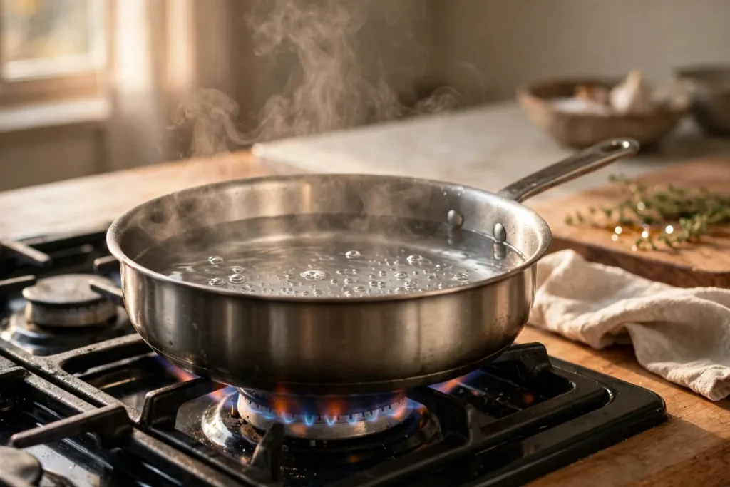 A pan of water heating on a stove with steam rising, showing how thermal energy and internal energy increase as water warms.