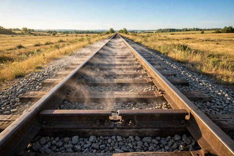 Thermal Expansion Formula Explained — ΔL = αL₀ΔT and Worked Examples 5 Steel railway tracks stretching into the distance under warm sunlight, showing how the thermal expansion formula predicts the growth of metal rails as they heat up.