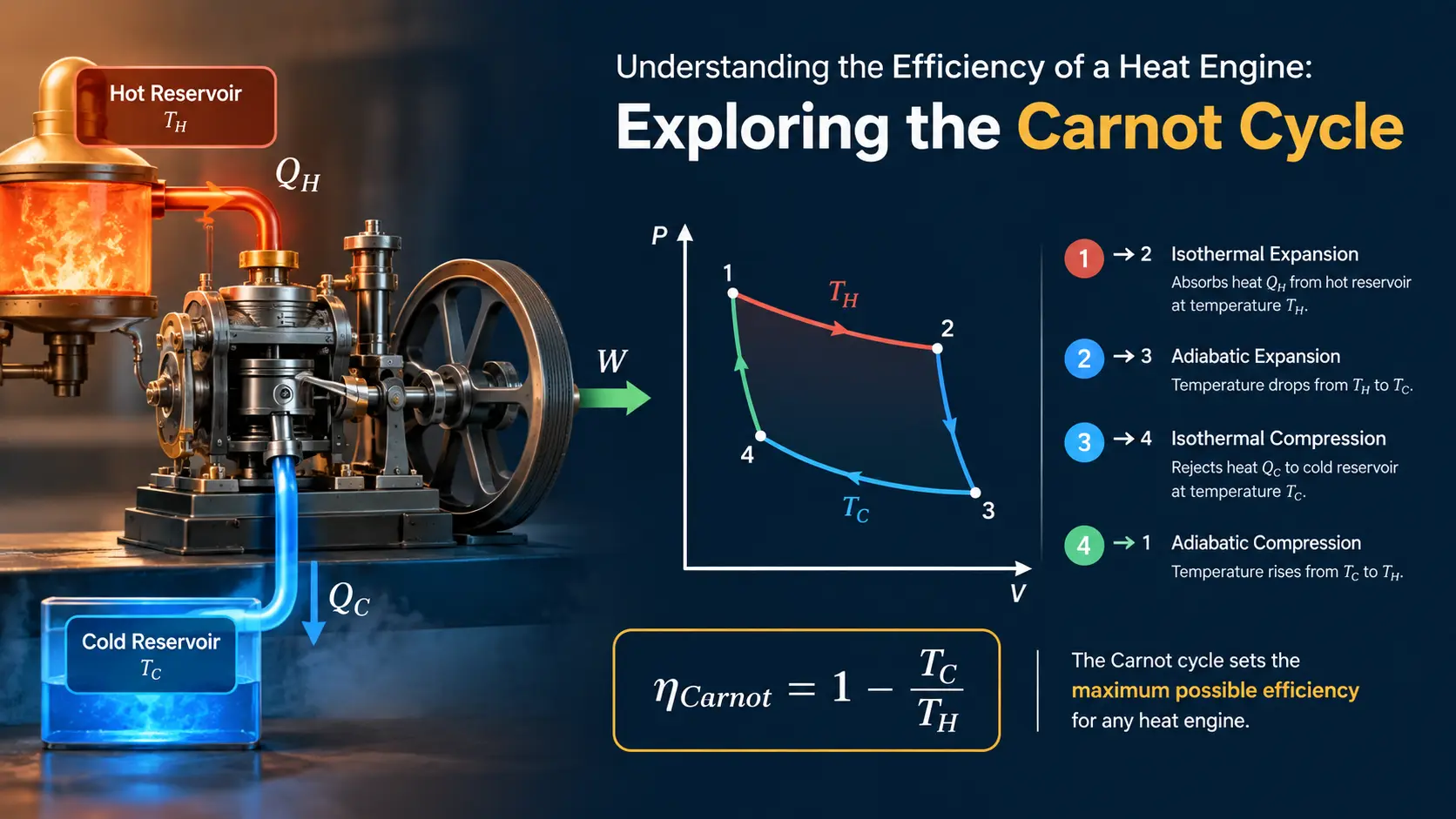 Understanding the Efficiency of a Heat Engine: Exploring the Carnot Cycle 1 Carnot cycle heat engine diagram showing hot and cold reservoirs, heat transfer, work output, a pressure-volume cycle, and the Carnot efficiency formula.