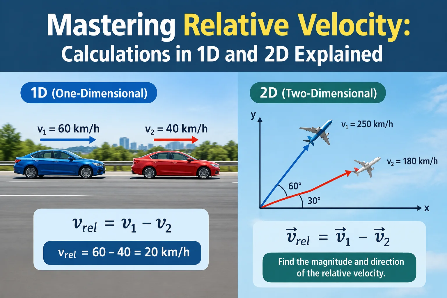 Mastering relative velocity in 1D and 2D, showing two cars with different speeds in one dimension and airplane velocity vectors at different angles in two dimensions.