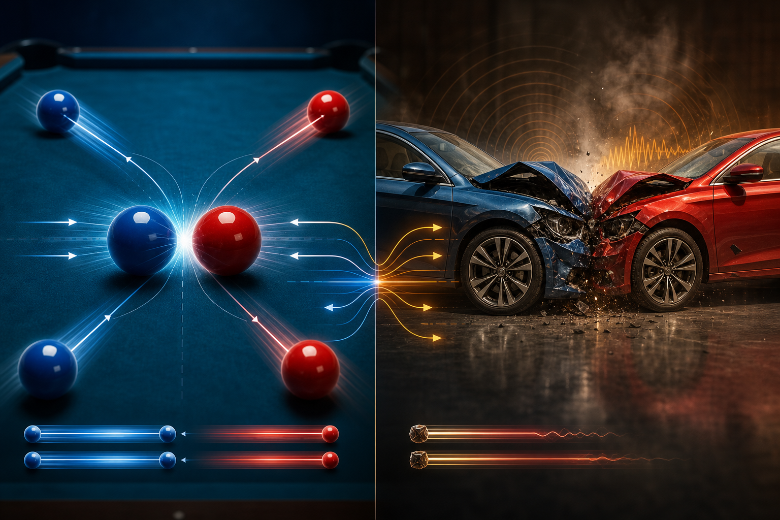 Conceptual illustration comparing billiard-ball collisions with a head-on car crash and shockwave propagation