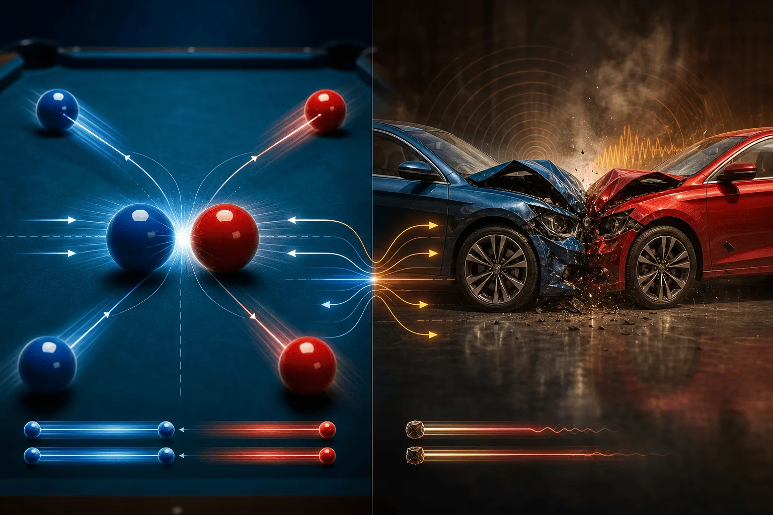 Momentum Conservation: Elastic vs Inelastic Collisions Explained 1 Momentum Conservation Conceptual illustration comparing billiard-ball collisions with a head-on car crash and shockwave propagation