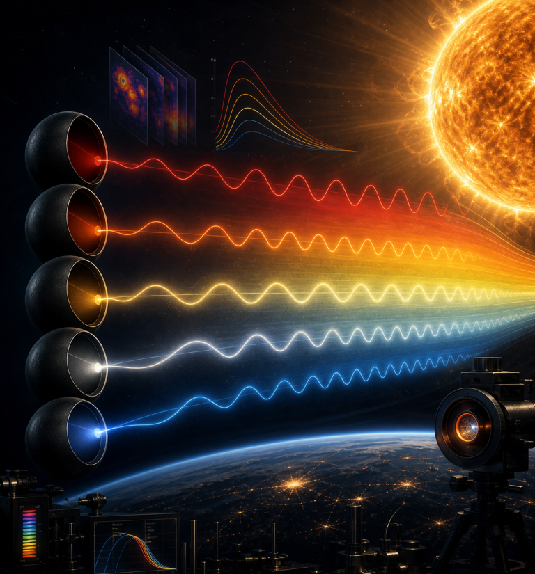 Conceptual illustration of sunlight analyzed into colored wavelengths using optical instruments, with spectral graphs and Earth below