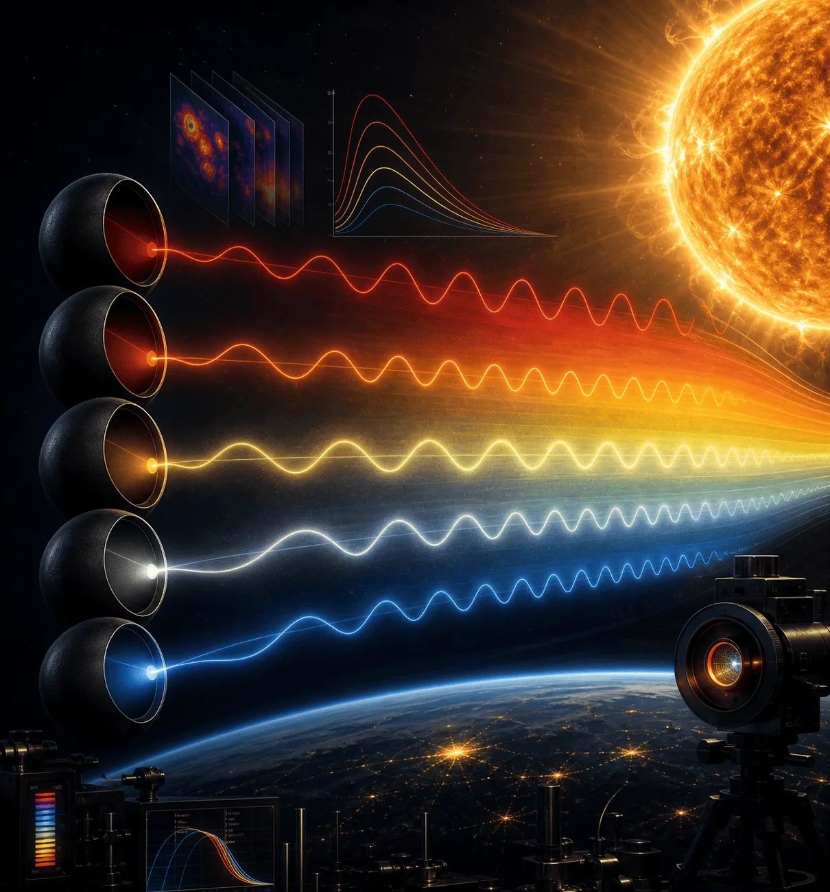 Black-Body Radiation: A Deep Dive into Wien's Law and the Stefan-Boltzmann Law 1 Conceptual illustration of sunlight analyzed into colored wavelengths using optical instruments, with spectral graphs and Earth below