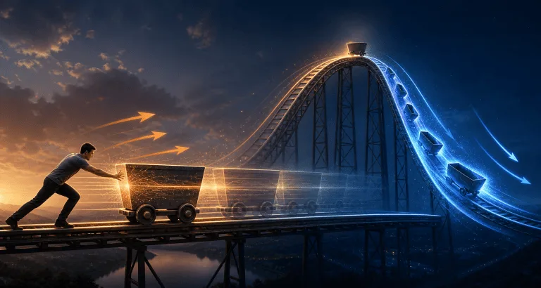 Man pushes a mine cart toward a glowing roller-coaster track, while other carts descend the steep slope