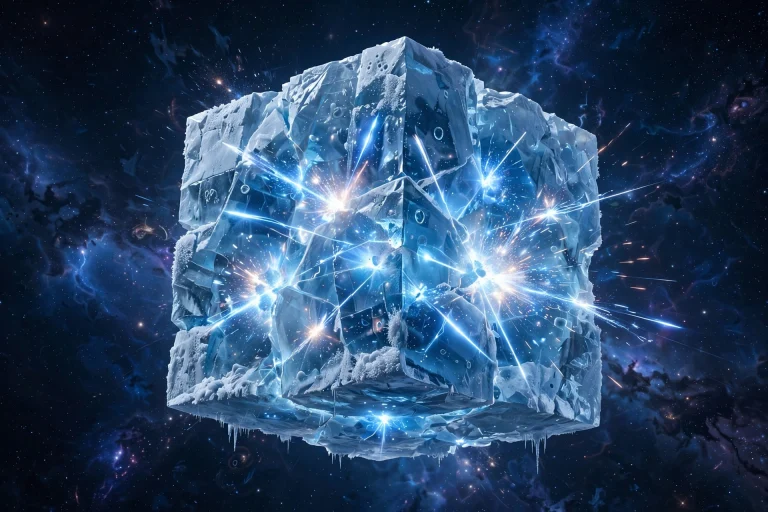 Neutrinos Explained: Ghost Particles, IceCube, and the 2026 Nobel Prize 3 Artistic illustration of the IceCube Neutrino Observatory — a glowing cube of Antarctic ice flashing with light from neutrino collisions under a starry sky